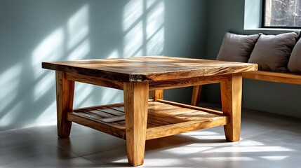 Wooden coffee table in sunlit room