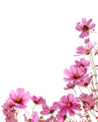 Fototapeta premium Pink cosmos flowers with delicate petals against a white background, arranged elegantly on the right side.