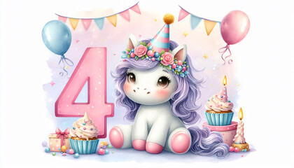 Fototapeta premium Adorable unicorn in a party hat, next to the number 4, with dreamy cupcakes, garlands, and pastel brush strokes. Perfect watercolor clipart for kids' birthday invitations and fantasy party designs.