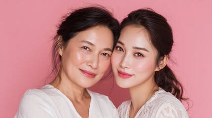 Young woman and her elderly mother take care of their skin and look great,Two generations,Beautiful middle aged mother and her adult daughter,skincare and Aging concept,Comparison of young and old.