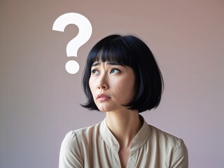 Young woman with short black hair looking up with a questioning expression