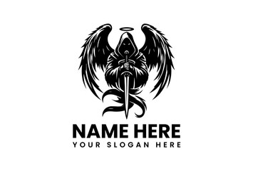 Monochrome Dark Angel with Sword Illustration. Minimalist Fantasy Art.