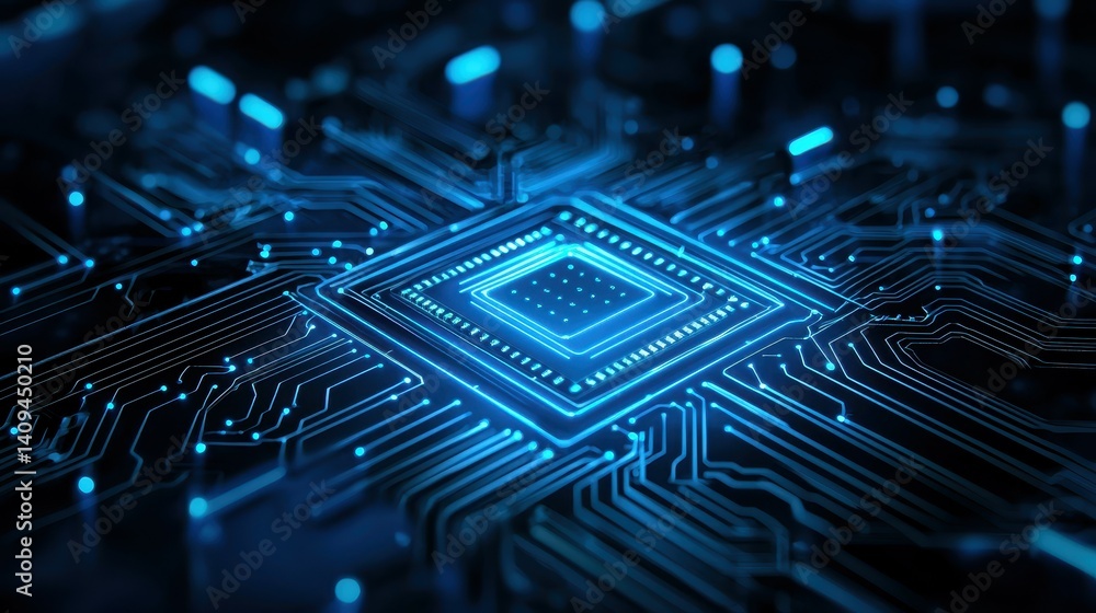 Poster futuristic blue circuit board with intricate patterns and glowing elements.