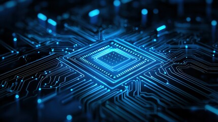Futuristic blue circuit board with intricate patterns and glowing elements.