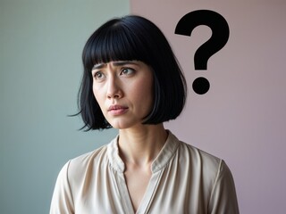 Young woman with short black hair looking up with a questioning expression