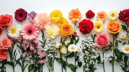 Fototapeta premium Vibrant Floral Arrangement on White Background, A vibrant arrangement of various colorful flowers against a white background