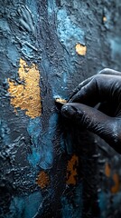 Creative Texture Phone Wallpaper  Gloved Hand Adding Gold & Turquoise Accents to Dark Blue Surface | Artistic Mobile Background in 4K HD

