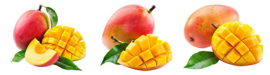 Freshly cut and a whole of mango with leaves isolated on transparent background