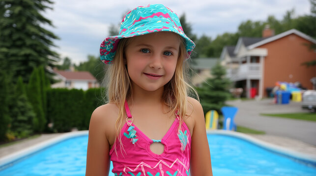Smiling Girl in Pink Swimsuit by Backyard Pool