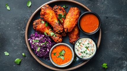 Crispy Fried Chicken Wings with Coleslaw and Sauces, Top View, Dark Background, Copy Space
