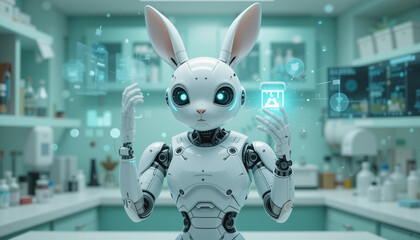 Rabbit as an AI Lab Assistant Robot Animal: A nimble white robot rabbit with smooth matte plating and blue-lit joints