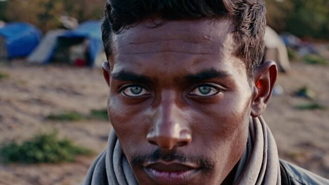 Sad refugee with blue eyes staring into camera, symbol of displacement