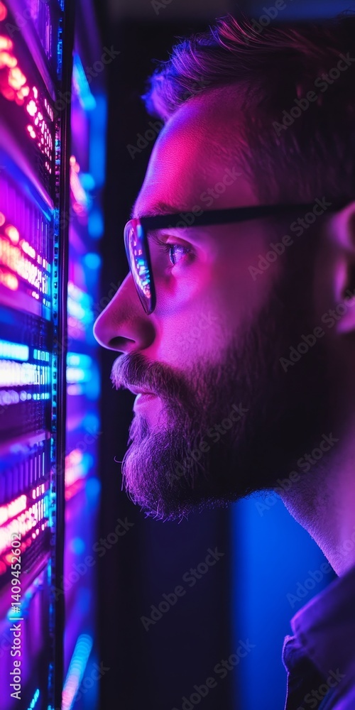 Poster it professional analyzing data in server room with neon lights, cybersecurity concept