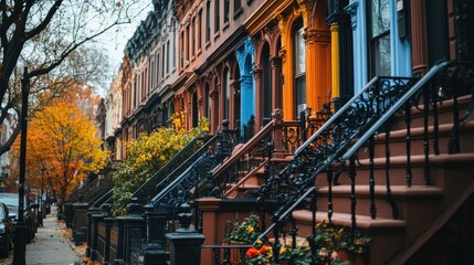 An idyllic street showcases a row of intricately designed brownstones adorned with colorful details