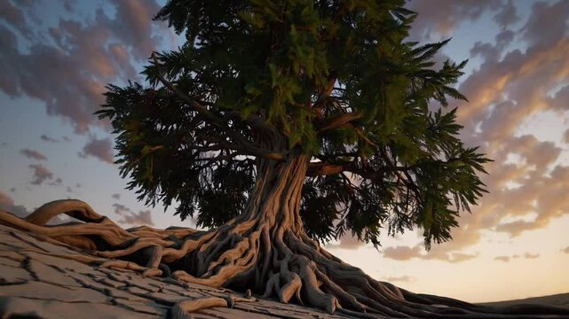 Tree growing in dry desert land, symbol of survival and resilience
