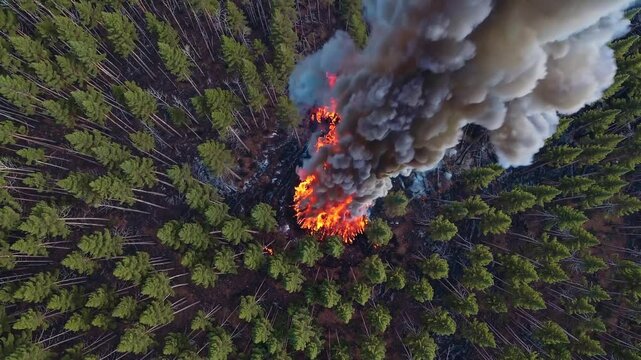 Aerial view of intense forest fire, large-scale environmental disaster
