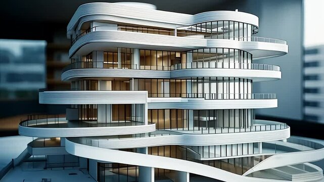 Architectural Model of Modern Building with Curved Design and Glass Facade

