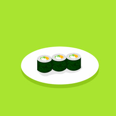Vector illustration of three sushi rolls served on a white plate, presented in a clean flat design style.