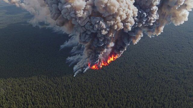 Aerial view of intense forest fire, large-scale environmental disaster