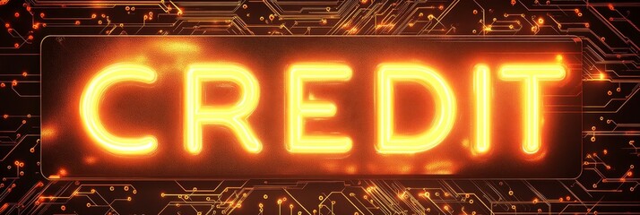 Neon Glowing Credit Sign On Abstract Circuit Board Background Cyber Security And E-Commerce Concept