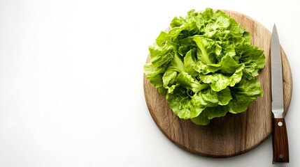 Minimalistic shot of lettuce on chopping board and kitchen knife.

