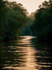 Golden light on the river in the forest