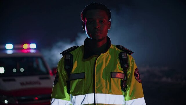 Paramedic standing at edge of disaster zone with sirens and lights flashing