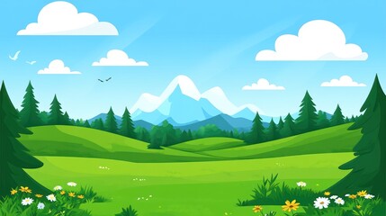 Obraz premium Scenic view of a lush, mountainous meadow.