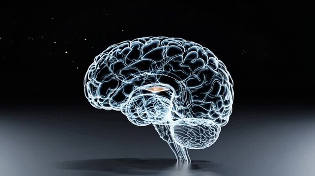 Microchip embedded in transparent brain model with glowing neural patterns