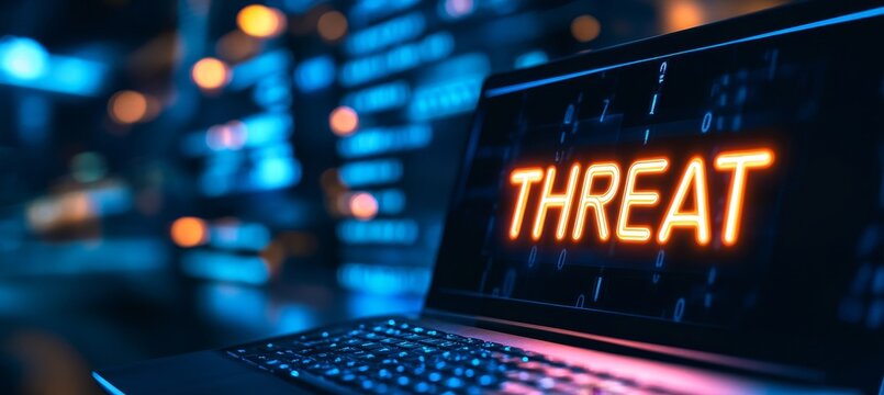 Threat Warning On Laptop Display In Server Room, Cybersecurity And Data Protection Concept
