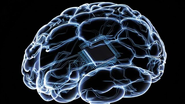 Microchip embedded in transparent brain model with glowing neural patterns