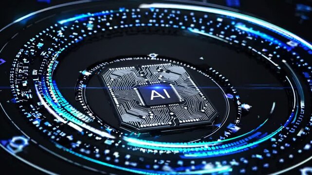 AI chip floating in digital void, futuristic technology concept