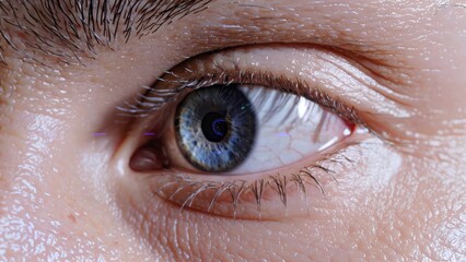 Fototapeta premium Blue iris reflecting futuristic augmented reality interface, highlighting technological convergence with human visual perception