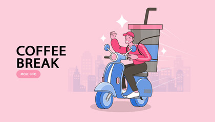 Deliveryman riding scooter to deliver food in time. Delivery and courier service concept. stay home. Coffee break, Time out. The delivery man carried a large coffee cup behind him. flat vector concept © 365 days studio