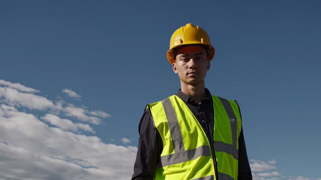 Asian engineer with helmet standing on rooftop with solar panels