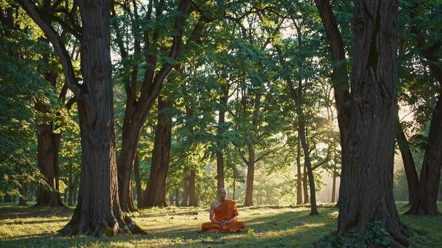 Buddhist monk meditating in forest, surrounded by nature and peace