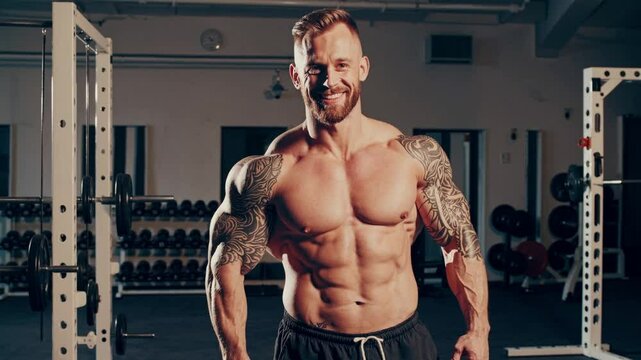 Tattooed shirtless bodybuilder laughing in gym, confident and strong