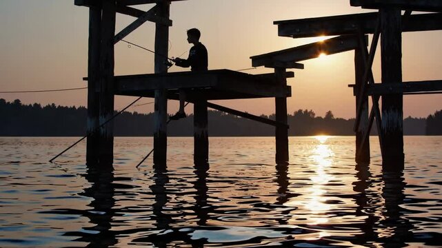 Fisherman silhouette sitting on dock at sunset, peaceful lake moment