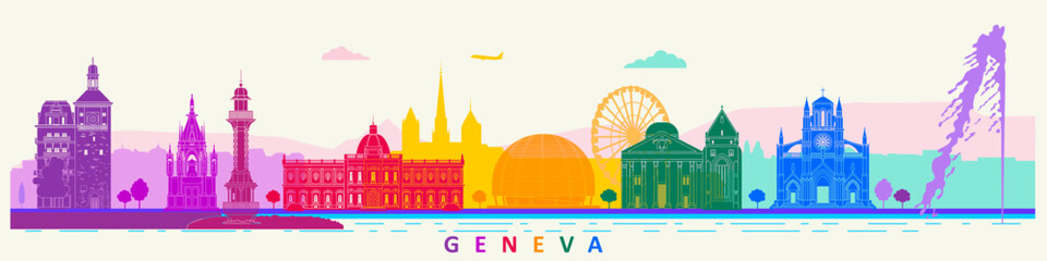 Geneva City silhouette landmarks rainbow vector illustration.