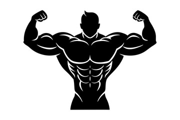 Fototapeta premium Muscular Man Silhouette Displaying Bodybuilder Physique Strong Arms And Defined Abs Fitness Icon Illustration Vector Art, bodybuilder, muscular, man, silhouette, fitness, gym, bodybuilding, strong