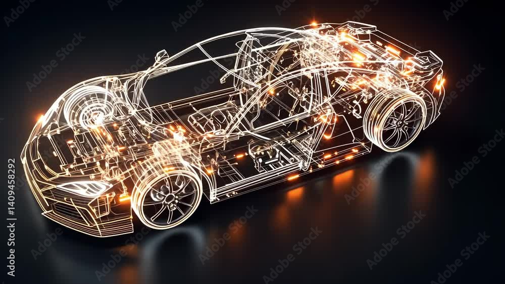 Poster glowing orange lines trace the frame and internal components of a futuristic sports car, slowly rota