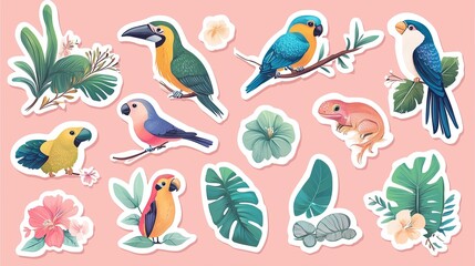 Cute illustrated sticker pack of tropical birds and small reptiles in pastel color palette with soft shadows and copy space, doodle style