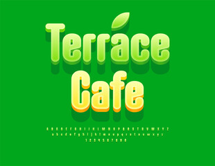 Vector Summer banner Terrace Cafe. Elegant Green Font. Artistic Isometric Alphabet Letters and Numbers set.