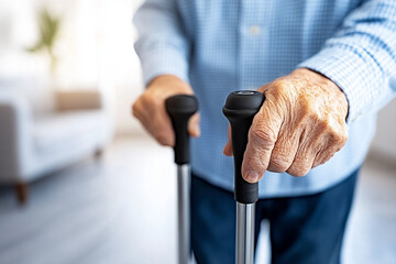 Elderly person holding walking aid with wrinkled hands in a bright indoor setting