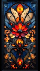Stained Glass Phone Wallpaper  Vibrant Red Flowers with Intricate Floral Patterns on Deep Blue Background | Artistic Mobile Background in 4K HD

