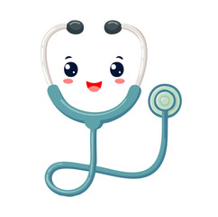 Cute Cartoon Stethoscope Character with Smiling Face and Blush Cheeks on White Background


