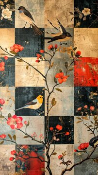 earthy pastel patchwork with nature motifs