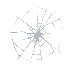 Broken glass cracks, window shatter effect in realistic vector. Broken glass or shattered glass cracked with hole of bullet or stone hit
