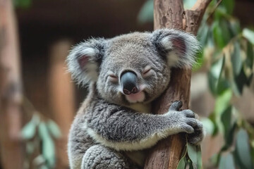 Naklejka premium Koala peacefully napping high in a eucalyptus tree during a sunny afternoon in the forest