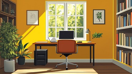 Bright Home Office with Desk and Bookshelf, A bright home office with a desk, chair, laptop, and bookshelf